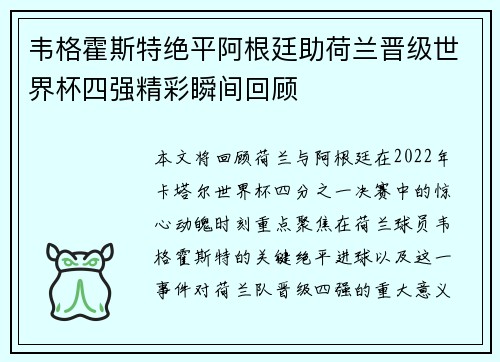 韦格霍斯特绝平阿根廷助荷兰晋级世界杯四强精彩瞬间回顾