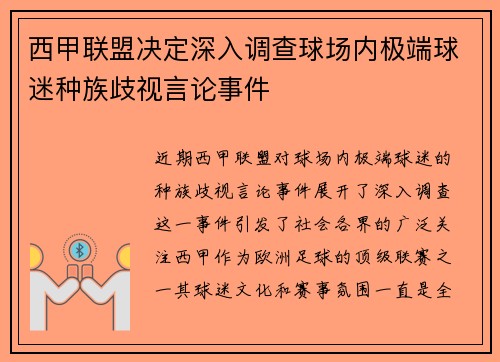 西甲联盟决定深入调查球场内极端球迷种族歧视言论事件 西甲联盟决定深入调查球场内极端球迷种族歧视言论事件